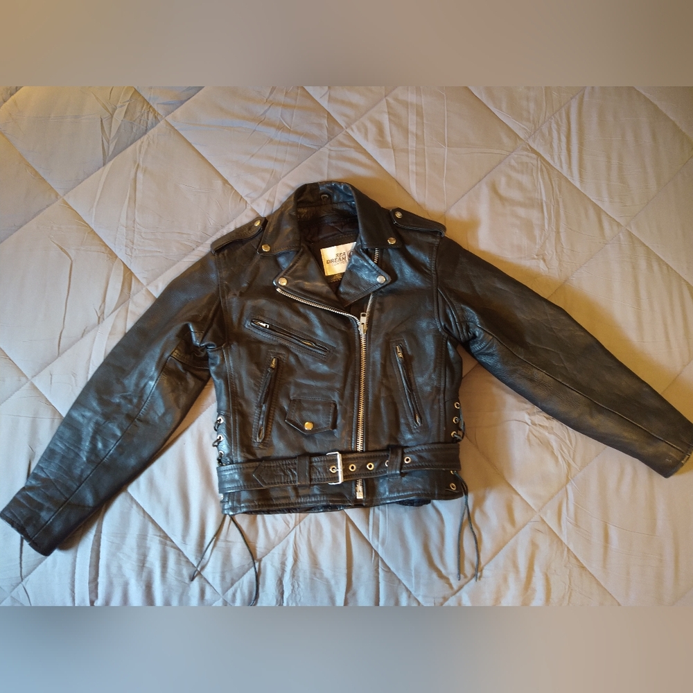 Womens Sea Dream Black Leather Motorcycle Jacket With Side Ties Size 8/Medium